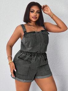 Slaydiva Plus Size Summer High Waist Multi-Pocket Washed Denim Jumpsuit - Grey - View 5