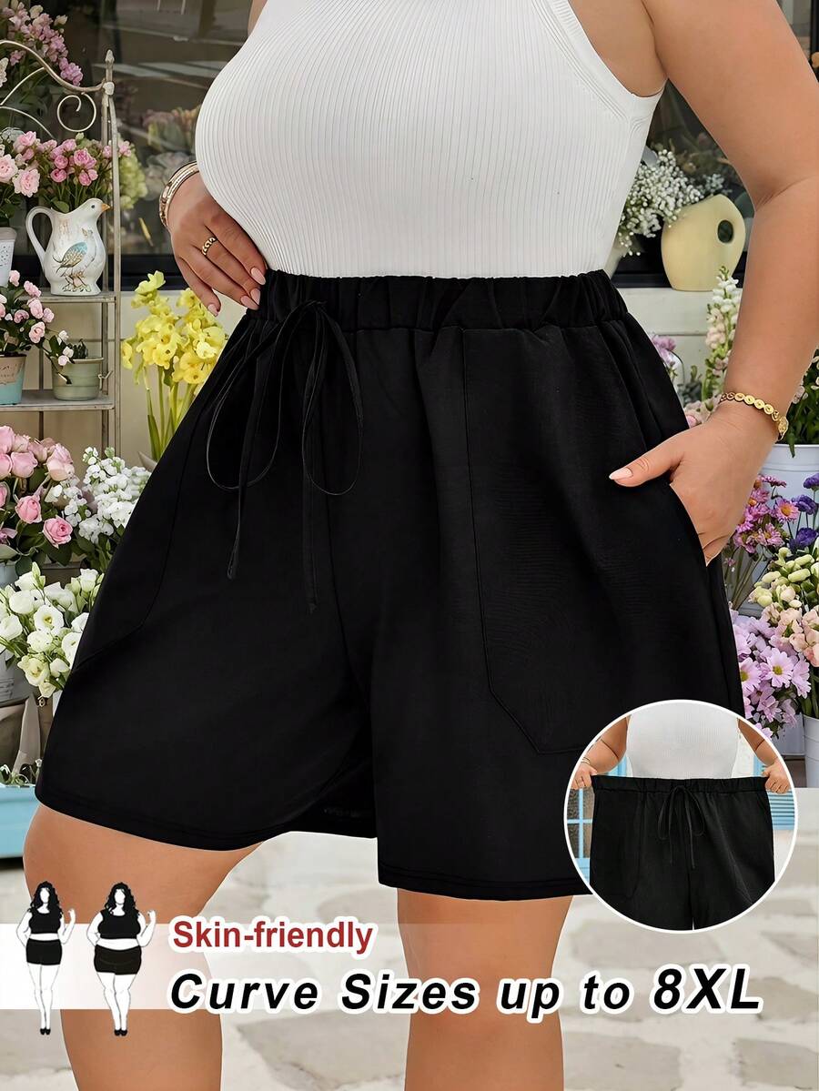 SHEIN CURVE+ Curve 尺码 US22 音乐节、海滨度假、波西米亚风女士抽绳腰带口袋舒适休闲短裤，适合海滩度假、机场出行、黑色女士休闲短裤、夏季返校季 - 黑色 - 查看 1