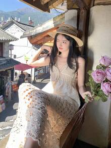 DAZY 女士度假蕾丝拼接吊带背心和迷你裙两件套，韩版夏季短款套装 - 白色 - 查看 8