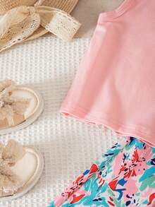 SHEIN Bộ đồ 2 món cho bé gái mùa hè, gồm áo tay ngắn và quần ống rộng cạp chun, thích hợp cho kỳ nghỉ và du lịch. - Hồng - Xem 4
