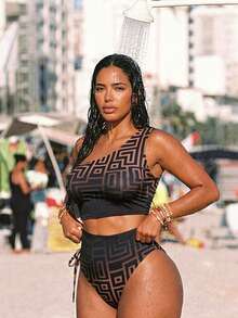 Swim Vcay Maillot de bain une pièce pour femmes grandes tailles avec imprimé de lignes aléatoires, mode vacances, coupe slim dissimulant le ventre, ouverture haute des jambes, épaules obliques, cordon de serrage et nœud papillon. Monokini - Noir - Voir 6