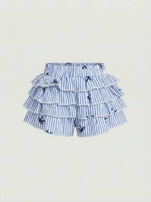 Maija Kids Maija Kids Young Girls's Casual Spring/Summer Butterfly Decor Multilayer Leopard Print Cake Shorts - Blue - View 3