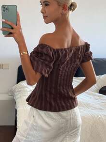 DAZY Striped Waist Pleated Lace Tie Petal Sleeve Elegant Summer Blouse For Women School - Brown - View 5