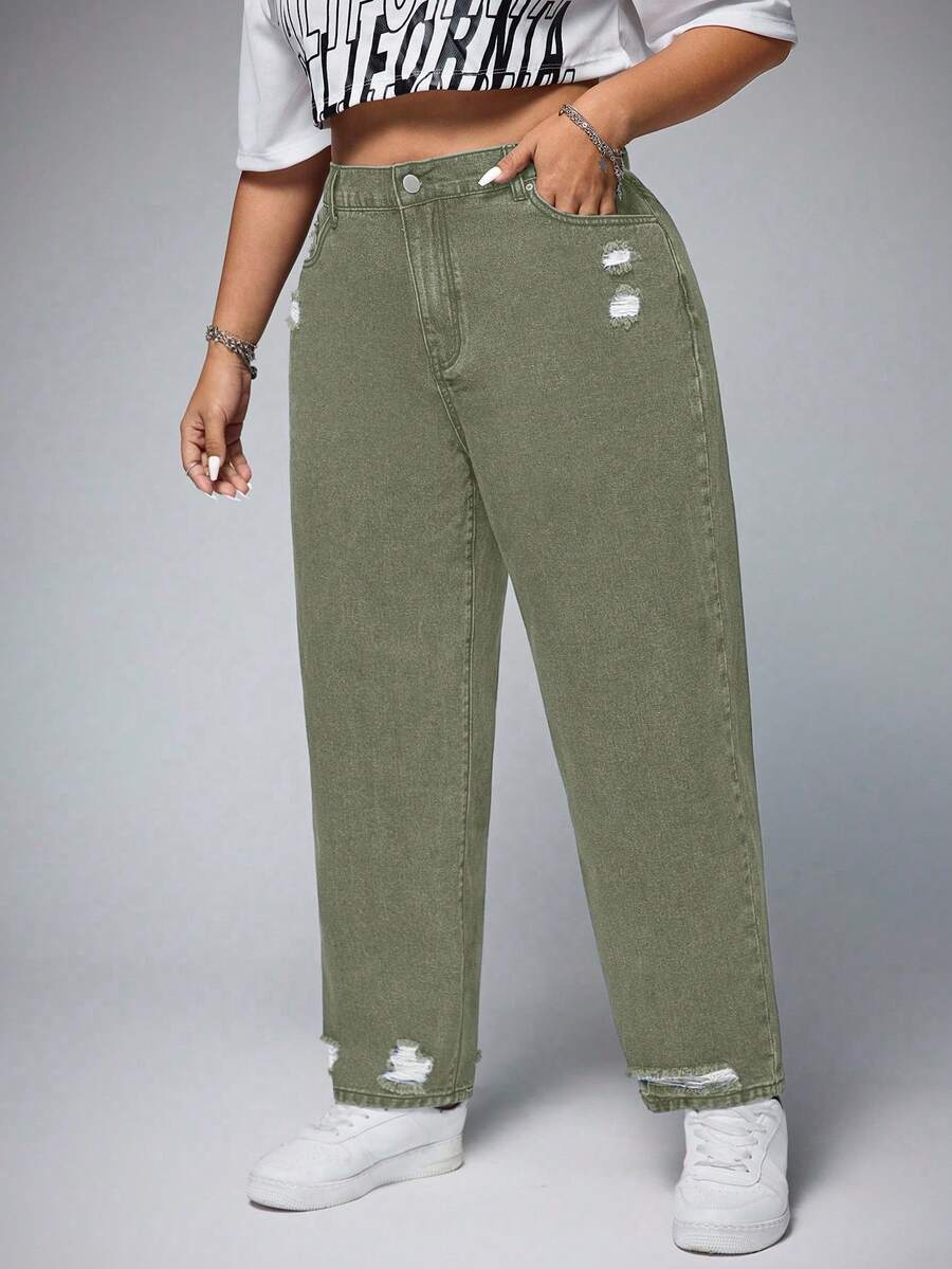 SHEIN ICON Plus Size Women Casual Everyday Wear Distressed Button Pocket Design Denim Jeans Date Night Sage Green Summer - Green - View 1