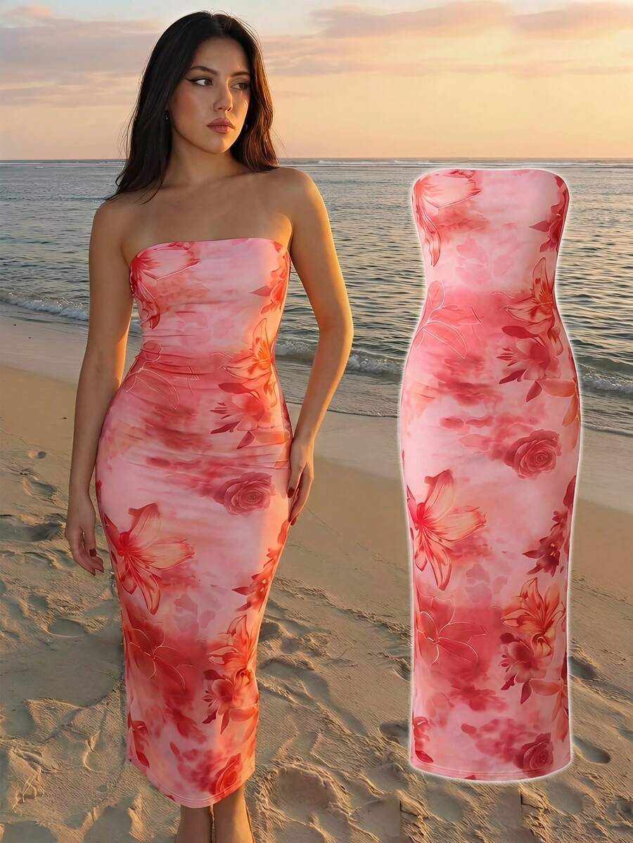 SHEIN 无肩带开衩修身连衣裙，时尚合身，高腰开衩设计，适合派对穿着 - 粉色 - 查看 1