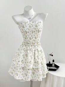 Elamini Women's Short Floral Print Strapless Backless Waist Cinched Layered Ruffle Dress, Cotton Blend, Suitable For Spring, Summer, Autumn Vacation Cute - Multicolor - View 1