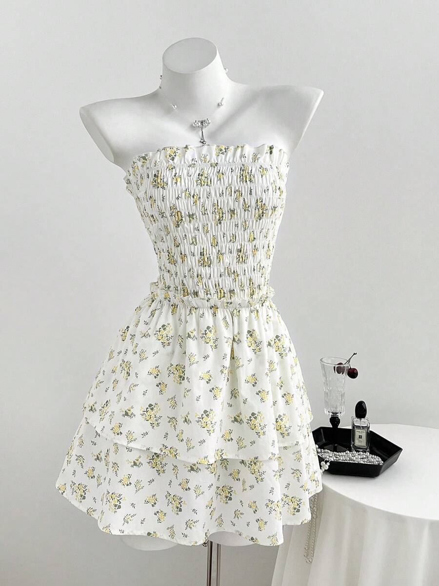 Elamini Women's Short Floral Print Strapless Backless Waist Cinched Layered Ruffle Dress, Cotton Blend, Suitable For Spring, Summer, Autumn Vacation Cute - Multicolor - View 1