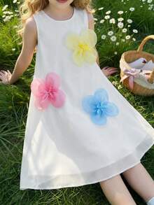 Glamorique Kids 女童（小号）白色无袖网纱大花朵蝴蝶结连衣裙，儿童时尚飘逸网纱公主裙，夏季派对场合迷你礼服 - 白色 - 查看 4