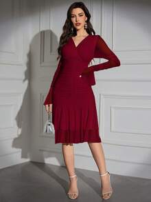 Modelyn Women V-Neck Wrapped Ruched Elegant Long Sleeve Dress Long Evening Dresses - Burgundy - View 6