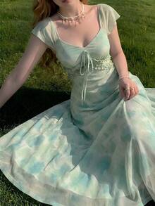 Feyla 女士扎染印花甜心领插肩袖前系带优雅中长连衣裙 - 彩色 - 查看 1