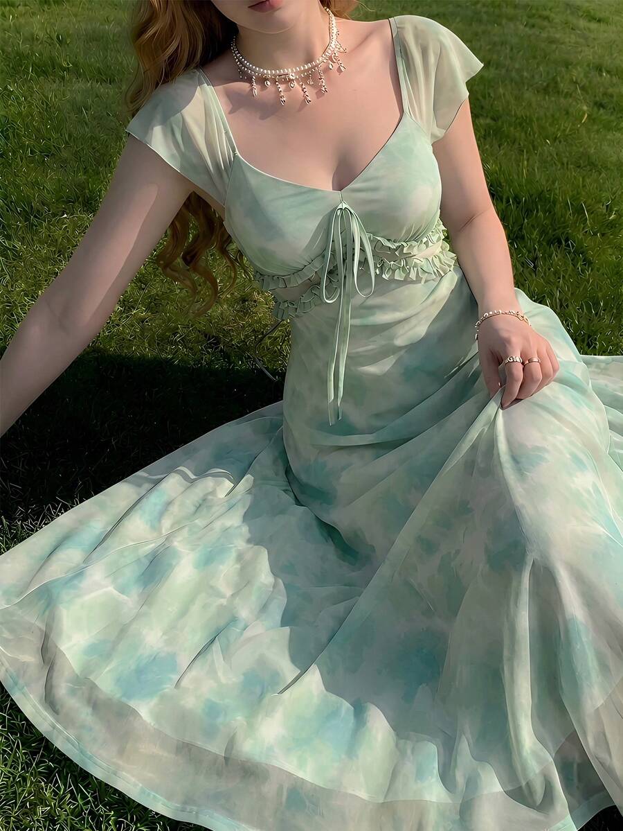 Feyla 女士扎染印花甜心领插肩袖前系带优雅中长连衣裙 - 彩色 - 查看 1