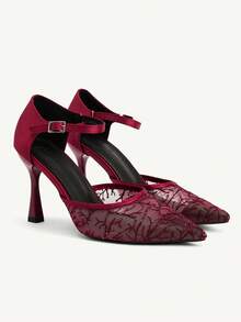 CUCCOO CHICEST 女士秋季新款后背网眼细高跟尖头刺绣鞋 - 紅色 - 查看 7