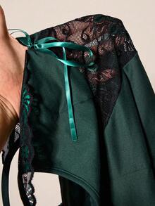 Slumberist Conjunto de pijama de 2 piezas de camiseta de tirantes con parches de encaje y lazo y pantalones, conjunto de pijama sexy para mujer - Verde - Ver 7