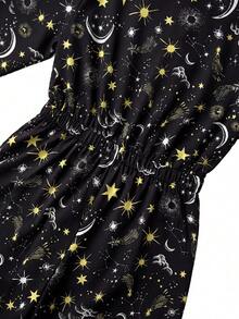 Whyspr Mono de pierna ancha con estampado de estrellas y lunas retro negro con lazo en la cintura - Negro - Ver 8