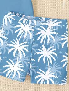 SHEIN Bộ đồ bơi nam gồm áo thun ngắn tay cổ tròn dáng rộng thoải mái và quần short, thích hợp cho mùa hè. - Nhiều màu - Xem 6