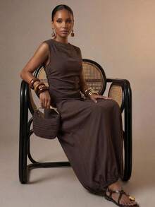 Zivah 2026 Elegant Vacation Top With Waist Ruffle Decor & Bubble Hem Skirt Set,Vacation Outfits Women - Brown - View 8