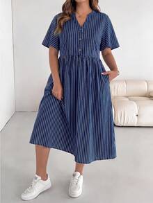 SHEIN Essnce Plus Size Summer Casual Notched Neck Striped Button Decor Dress - Multicolor - View 5