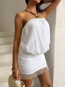 Bonvoyette 女士优雅夏季仿珍珠流苏下摆抹胸修身连衣裙 - 白色 - 查看 4