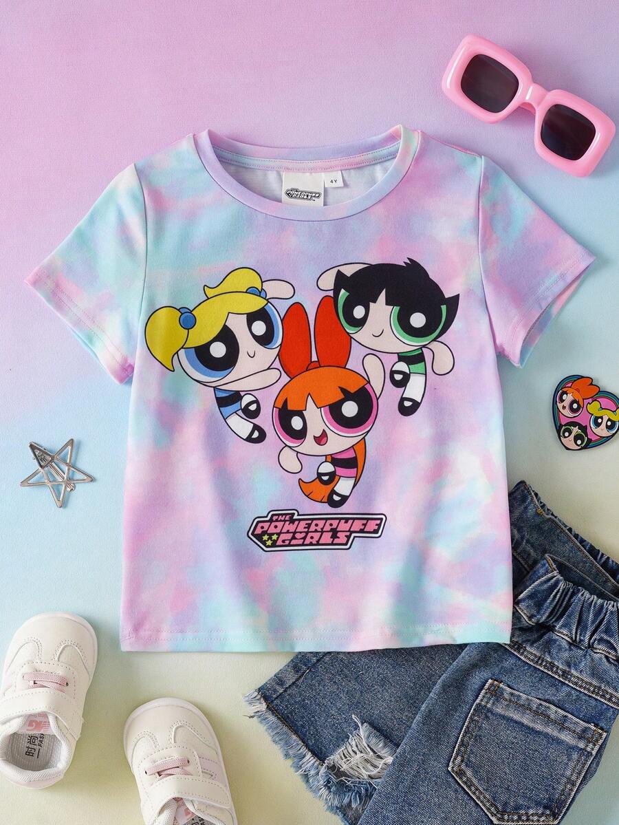 THE POWERPUFF GIRLS X SHEIN 年轻女孩休闲度假通勤趣味卡通字母扎染印花短袖T恤，夏季 - 彩色 - 查看 1