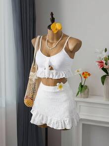 SHEIN Swim 夏季海灘Schiffy打結前褶邊比基尼 - 白色 - 查看 8