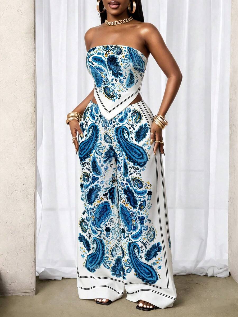 SHEIN BamGlam Bộ 2 món gồm áo croptop không dây in họa tiết Paisley phong cách Bohemian với vạt áo bất đối xứng và quần ống rộng cạp chun, thích hợp cho kỳ nghỉ, đi biển và mặc hàng ngày vào mùa xuân/hè. - Nhiều màu - Xem 1