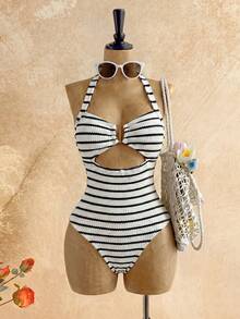 Elamini Body da donna con design creativo a righe sulla scollatura, casual, nuova collezione vacanze - Bianco - Visualizzare 1