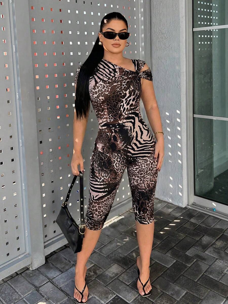 SHEIN SXY 性感豹紋短袖健身連身褲 黑色 夏季夜店派對款 - 棕色 - 查看 1