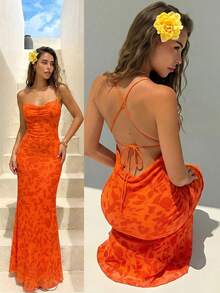 Aloruh Women's Pleated All-Over Print Casual Minimalist Maxi Slip Dress For Party & Outing - Burnt Orange - View 4