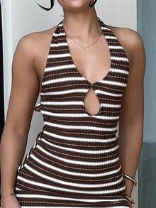 leahseptember Women's Casual Vacation, Beach Wedding Guest, Graduation, Brunch, St. Patrick's Day, Spring Break, Easter, Music Festival, Elegant Bohemian, Tropical Elegant Strapless, Off-Shoulder, Backless Mini Dress For Office/Work, Beach Outfit For Women Party - Brown - View 3