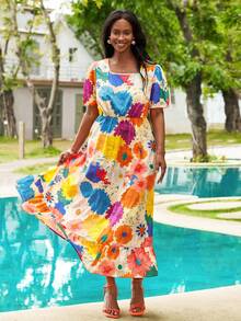 Reflora Vestido plus size de tecido plano com estampa digital, gola redonda e mangas curtas, ideal para o verão. - Multicolorido - Ver 2