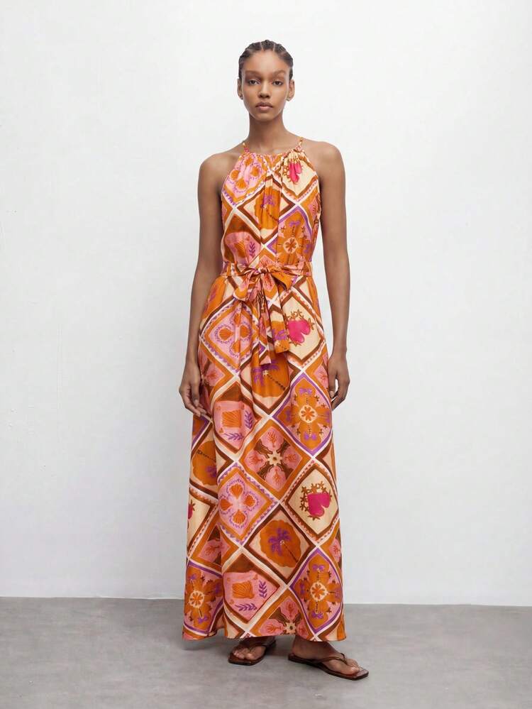 SHEIN Maija Robe d'été sans manches à imprimé intégral pour femmes