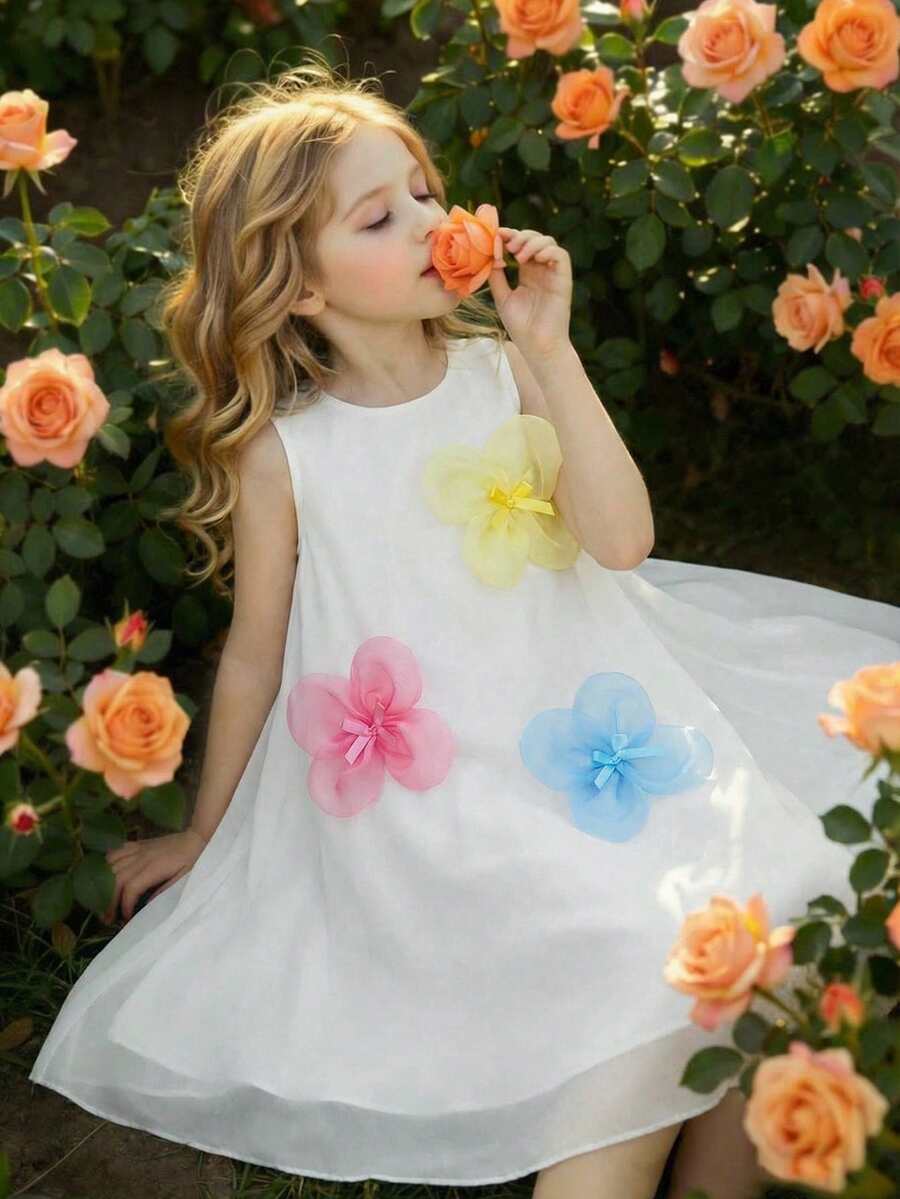 Glamorique Kids 女童（小号）白色无袖网纱大花朵蝴蝶结连衣裙，儿童时尚飘逸网纱公主裙，夏季派对场合迷你礼服 - 白色 - 查看 1