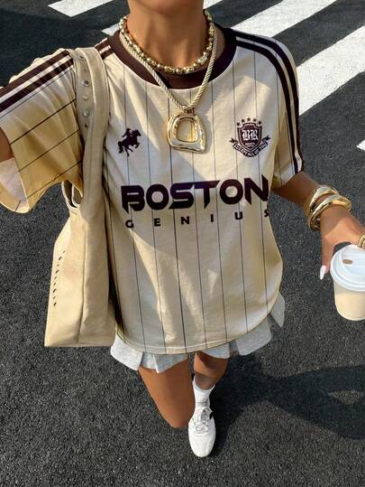 Muchica Casual Minimalist Light Yellow Round Neck Short Sleeve Loose T-Shirt For Women, Suitable For Summer, Paired With Contrasting Brown Collar And Striped Sleeves. Horse Print Adds A Retro, Collegiate, Classic, Fashionable, Youthful And Streetwear Vibe. Smooth And Comfortable Fabric, An Ideal Choice For Autumn.,Summer Top