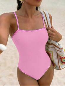 Swim Vcay Bộ đồ bơi liền thân họa tiết hoa nhí thời trang với viền hình học, trang phục đi biển được ưa chuộng cho mùa xuân/hè. - Hồng - Xem 2
