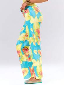 MUSERA 热带花卉印花缝线细节阔腿牛仔裤，可爱性感，适合夏季、春季、假日、度假、派对、外出等场合，尽显活力。 - 彩色 - 查看 3