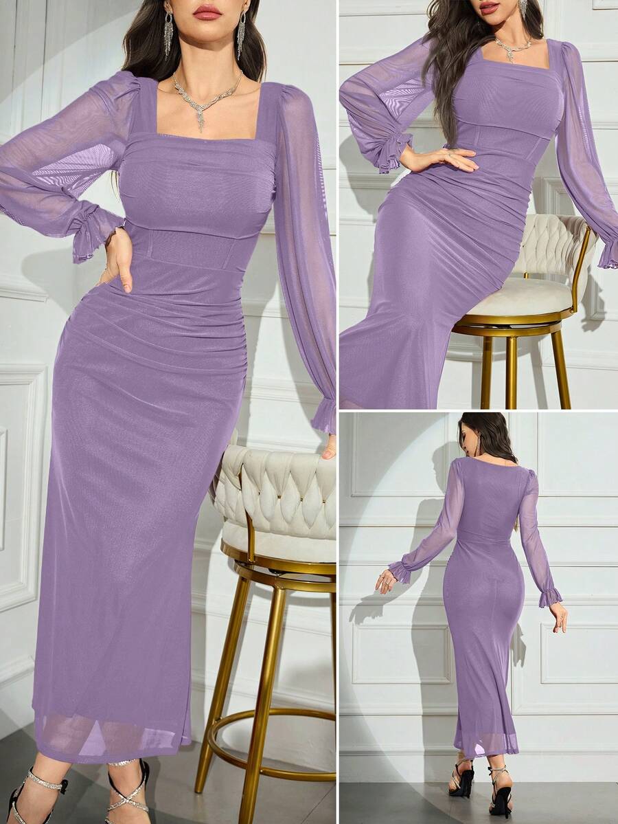 Modelyn Women's Solid Color Mesh Contrast Long Sleeve Casual Dress Long Evening Dresses