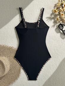 Swim Basics 女士夏季沙滩度假豹纹拼接连体泳衣 - 黑色 - 查看 2