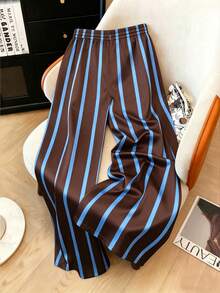 Franclia Pantalones rectos de pierna con cintura ajustable con cordón y estampado de rayas, talla grande - Café integral - Ver 2