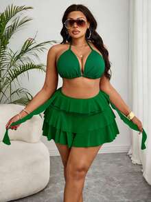 Slaydiva Plus Size Women Beach Holiday Solid Color Halter Top With Multi-Layer Ruffle Pants 2 Pieces Swimwear Green 2 Pieces Set Vacation - Green - View 3