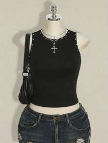 SHEIN ICON 大码女式休闲简约背心，适合夏季穿着 - 黑色 - 查看 3