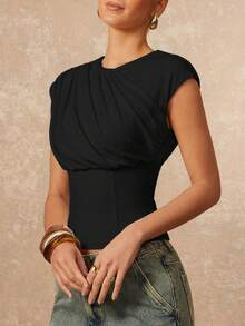 Lumalex 女士休闲圆领褶皱腰部短袖上衣 - 黑色 - 查看 4
