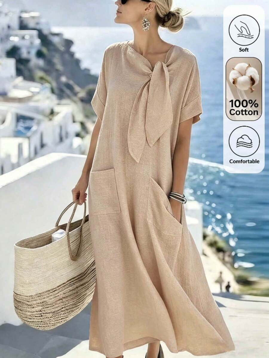 Louniche Đầm dài nữ kiểu dáng thường ngày, thoải mái, 100% cotton, cổ tròn, thắt nơ, có túi, thích hợp cho kỳ nghỉ xuân/hè. - Màu Khaki - Xem 1