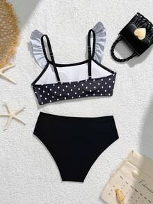 SHEIN 女童豹纹泳衣套装，荷叶边装饰，适合海滩度假 - 黑色 - 查看 2