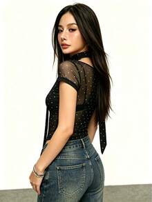 Rina Fox 波点网纱泡泡袖露脐上衣，领口系带镂空设计，性感修身透视波点网纱衬衫，休闲、派对、晚宴、约会、度假、街头风，修身显瘦，新品上市 - 黑色 - 查看 3