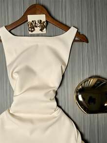 MYSTAURA Đầm slip satin trắng thanh lịch dành cho nữ, cổ vuông, eo thắt, chân váy xếp ly, kiểu dáng sang trọng dành cho tiệc tùng và hẹn hò. - Màu be - Xem 5