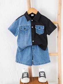 SHEIN 2件套男女宝宝休闲时尚撞色牛仔短袖衬衫和短裤套装，男宝宝服装，男宝宝夏季服装，街头风，牛仔裤 - 黑色 - 查看 1