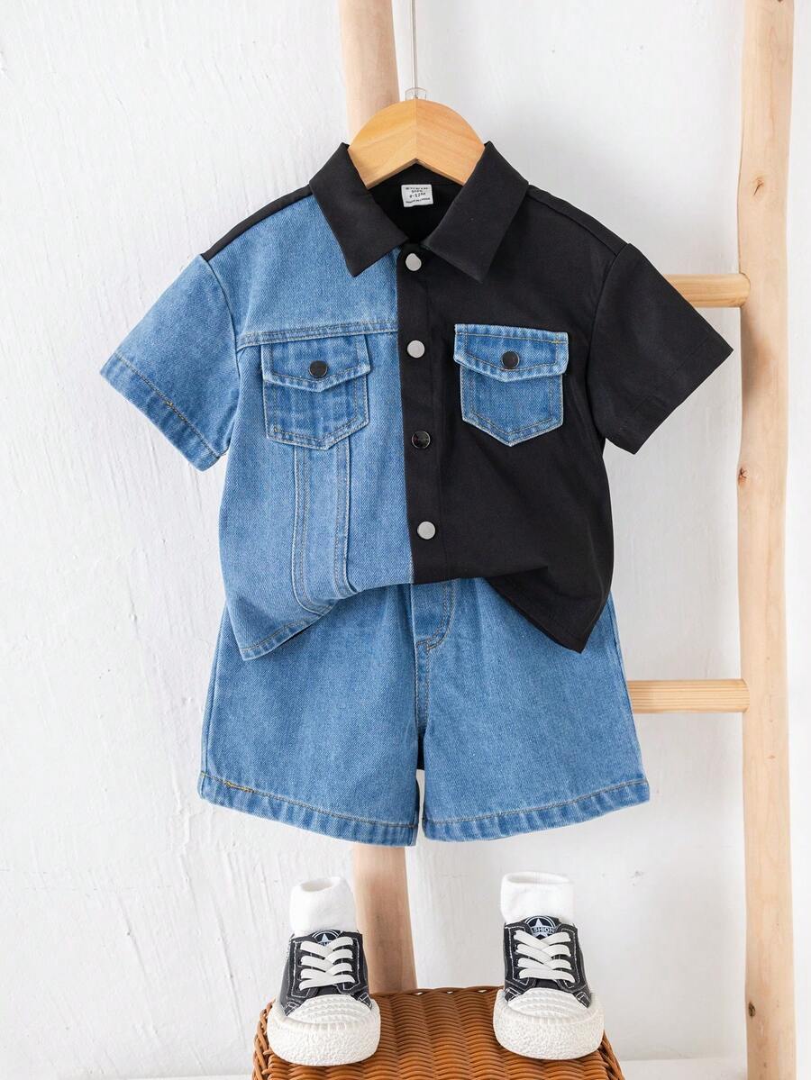 SHEIN 2件套男女宝宝休闲时尚撞色牛仔短袖衬衫和短裤套装，男宝宝服装，男宝宝夏季服装，街头风，牛仔裤 - 黑色 - 查看 1