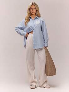 RueChic Women's Blouse – Blue And White Stripe, Two Applique Flower Details Office Summer Tropical - Blue and White - View 4
