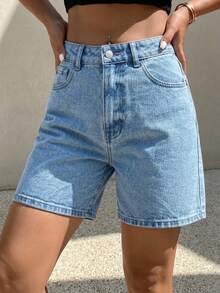 Shorts vaqueros rectos rectos para mujer verano - Versión clásica minimalista, corte impecable, Pantalones cortos casuales y versátiles, Jeans - Azul - Ver 2