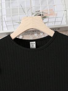 SHEIN 少女蓝色纯色圆领短袖荷叶边下摆印花中长连衣裙，腰部系带，适合春夏度假、休闲穿着，也可作吊带裙或女童连衣裙。 - 黑色 - 查看 6